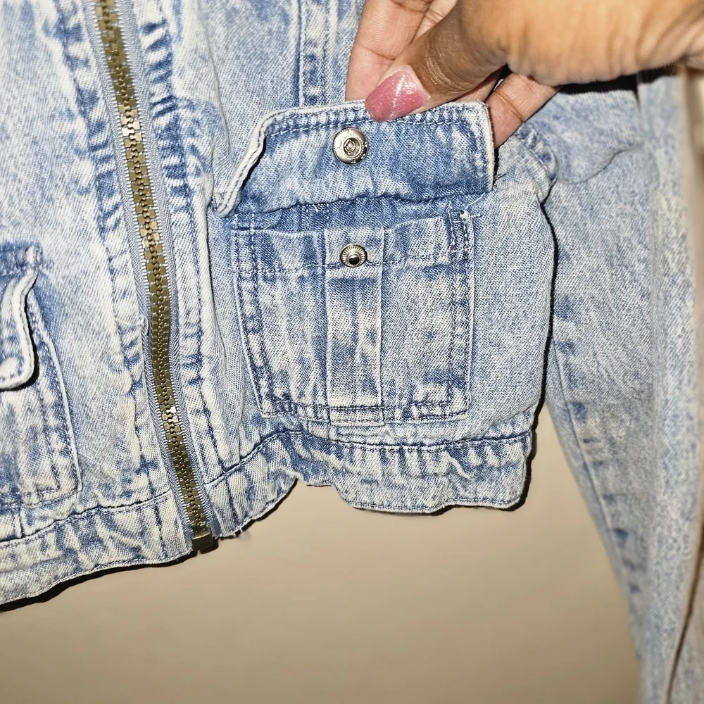 Kids Little Lass Blue Cropped Jean Jacket with Distressed Texture